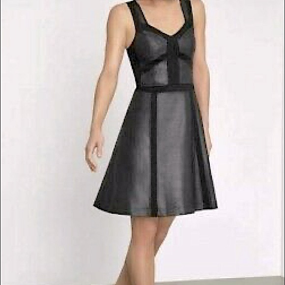 BCBGMAXAZRIA Vegan leather & lace flare dress, NWT - Picture 1 of 9